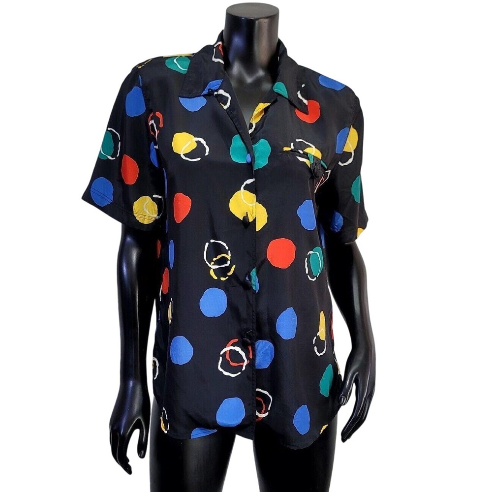 Vintage Christie & Jill Black Abstract Polka Dot Button Up Blouse Womens Small‎